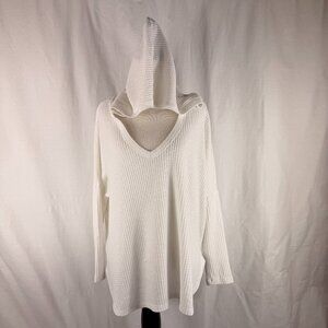 Elan Oversized Women's V-Neck Hoodie Sweater with Dropped Shoulders | White | M
